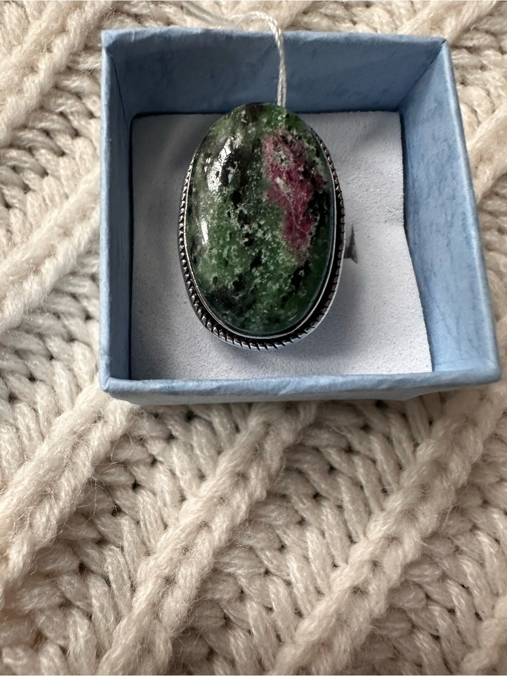 Ring Green and Pink Ruby Zoisite 925 Oval Statement Ring